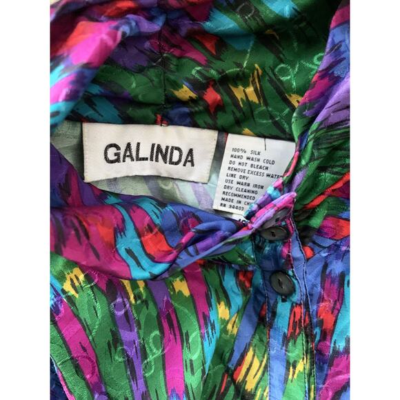 Galinda Silk Colorful Turtleneck Button Up Shirt Multi 100% Silk Long Sleeve - Picture 4 of 4
